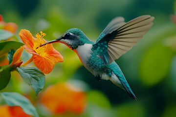 Vibrant Hummingbird Illustration: A Jewel-toned Bird Feeding on an Orange Flower