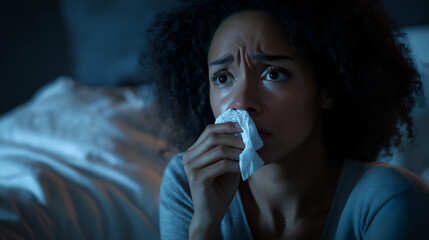 Sick woman using a tissue to sneeze and blowing her nose on her bed during the night.