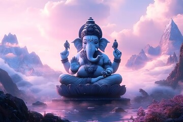 A serene depiction of Lord Ganesha, surrounded by ethereal mountains and clouds, radiating tranquility and spiritual significance.