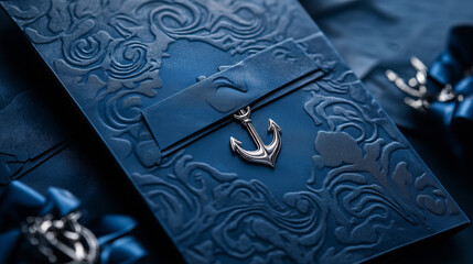Navy invitation with embossed waves and anchor charm
