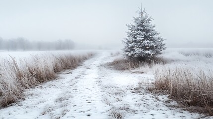 Fototapeta premium A serene winter landscape with a snow-covered path and frosted evergreen tree.