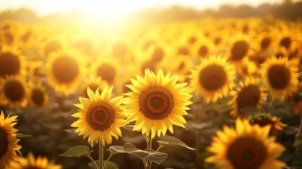 Fototapeta premium a 2D cartoon illustration of a field of sunflowers facing the sun, bright and cheerful, white background--ar 16:9
