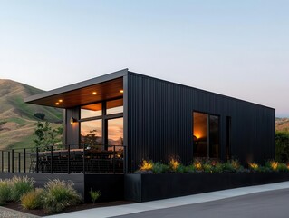 Obraz premium Modern container dining room exterior with dark metal facade, rooftop garden, and rolling hills