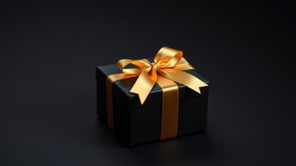 A single black gift box with a large golden bow, set against a dark background, ready for a special occasion.