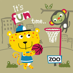 Cartoon Leopard Playing Basketball with Monkey in Fun Zoo Illustration
