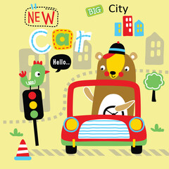 Cartoon Bear Driving a Red Car with Bird and City Background Illustration
