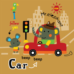 Cartoon Elephant Driving a Red Car with Mouse and Bird in City Background Illustration
