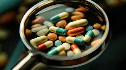 Close-Up of Assorted Pharmaceutical Capsules and Tablets Under Magnifying Glass, Showcasing Colorful Medicine on Dark Background in Detail