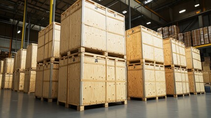 A neatly stacked set of wooden crates in a large warehouse ready for shipping.