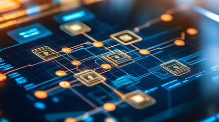 Detailed visual representation of a cryptographic hash function securing a blockchain transaction with digital tokens flying between nodes