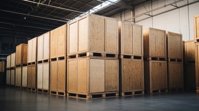 A neatly stacked set of wooden crates in a large warehouse ready for shipping.