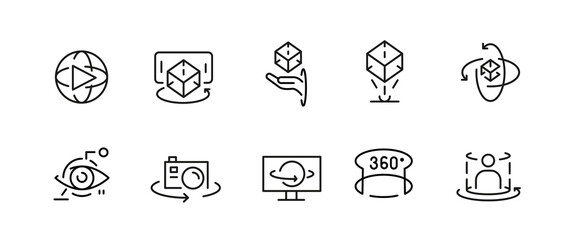 Sd icons. Set of 10 virtual reality trendy minimal icons. VR headset, AR goggles, 360 view, simulation icon. Design signs for web page, mobile app, packaging design. Vector illustration