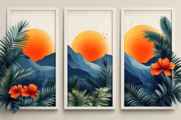 Obraz premium Sunset with tropical plants in frames. Perfect for interior design and home decor, showcasing vibrant colors and textures.