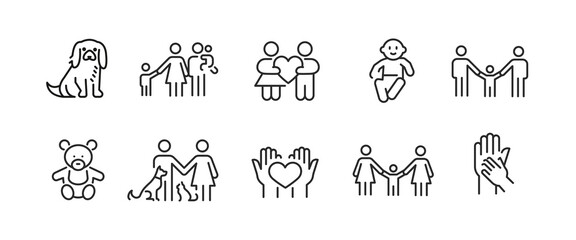 Partnership and Love icons. Set of 10 trendy minimal icons. Example: family, children, two people holding a heart together, representing love, partnership, and mutual support. Vector illustration.