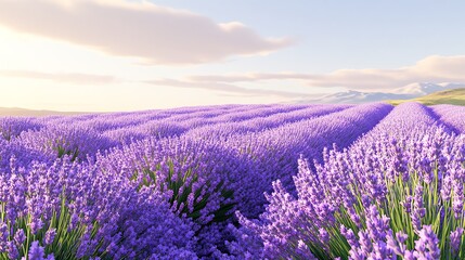 Fototapeta premium a 2D cartoon illustration of a field of lavender flowers in bloom, purple and aromatic, white background--ar 16:9
