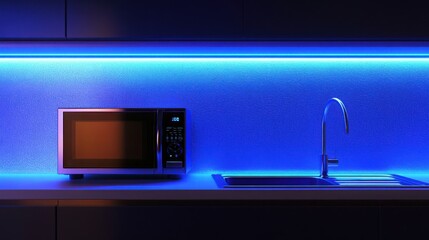 Modern Kitchen with Blue LED Lighting Featuring a Sleek Microwave and Stylish Faucet on a Minimalist Countertop Design for Contemporary Interiors