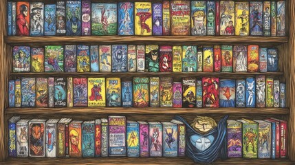 Fototapeta premium A colorful bookshelf filled with various comic book covers and graphic novels.
