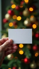 Mockup of white paper business card in person's hand against Christmas tree background. Gift card or certificate and copy space for text. New Year invitation. Greeting voucher. Winning lottery ticket