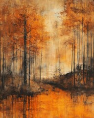 Abstract autumn landscape with trees reflecting in a serene water body.