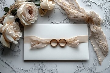 Wedding rings on white card with roses. This image is ideal for wedding invitations, save the dates, and other wedding-related projects.