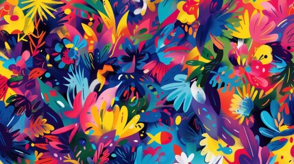 A vibrant, colorful floral pattern filled with abstract plants and flowers.