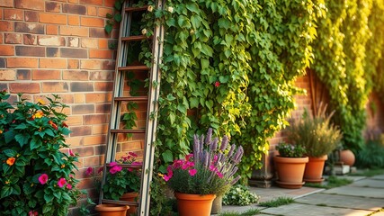 A vintage wooden ladder leans against a brick wall adorned with lush green vines, creating a picturesque backdrop for vibrant potted flowers in bloom.