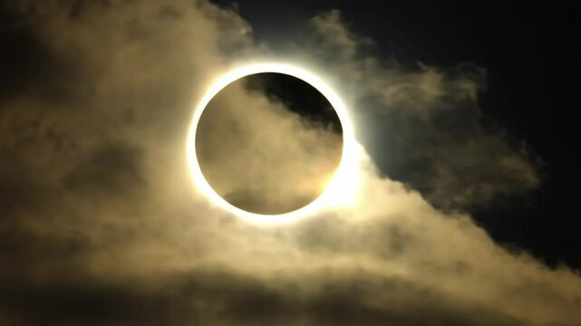Annular solar eclipse with the sun forming a bright ring around the shadowed moon.