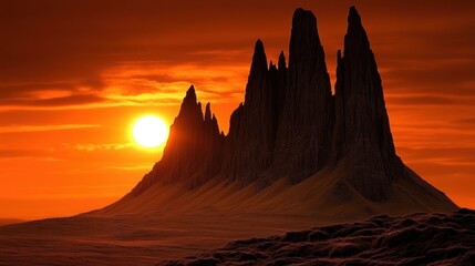 Dramatic sunset over a rugged, mountainous landscape.