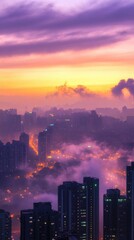 Obraz premium A vibrant sunset over a city skyline shrouded in mist and clouds.