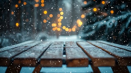 A wooden picnic table, lightly coated with snow, surrounded by blurred shimmering festive lights in a wintry outdoor setting, evoking serene holiday vibes --ar 16:9