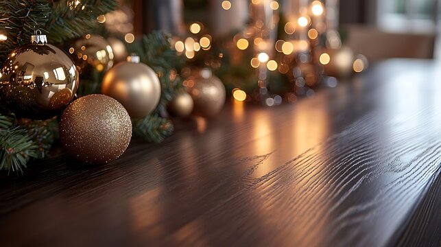 An elegant dark oak table, surrounded by a blurred festive scene of radiant golden Christmas baubles and glowing warm light, evoking a sophisticated holiday vibe --ar 16:9