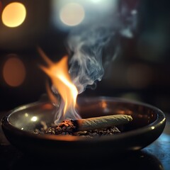 Burning joint in ashtray with smoke and flame.