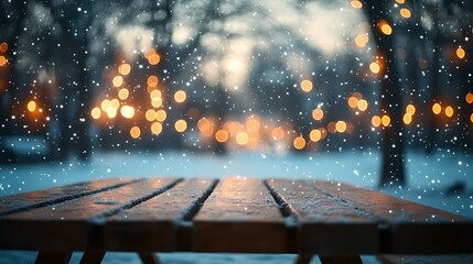 An empty wooden picnic table, set in a tranquil snowy field, with blurred warm fairy lights illuminating the backdrop, evoking a cozy holiday mood --ar 16:9