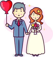 Cute Happy Wedding Couple Cartoon Illustration