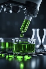 A close-up of a microscope with a pipette dropping vibrant green liquid into a glass container, surrounded by laboratory glassware.