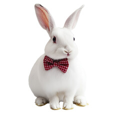 Obraz premium White rabbit with bow tie isolated on transparent background. Generated AI.