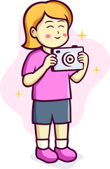 Cute Little Girl Holding Camera Cartoon Illustration