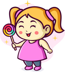 Cute Little Girl Holding Candy Cartoon Illustration