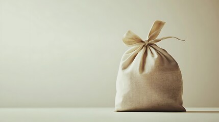 Beige fabric sack tied with ribbon on a light background.