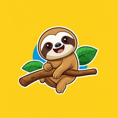 Obraz premium Cute Cartoon Sloth Hanging on Branch with Leaves