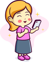 Cute Little Girl Holding Handphone Cartoon Illustration