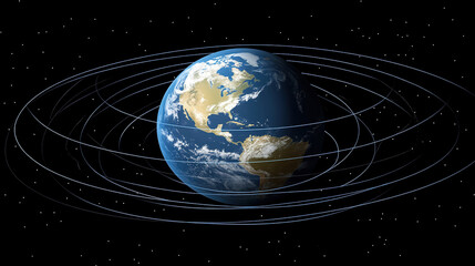 Earth axis diagram illustration showing the tilt of the Earth's rotational axis relative to its orbital plane, explaining the cause of seasonal changes and the distribution of sunlight.