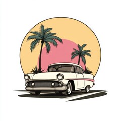 Vintage Car Palm Tree Sunset Illustration
