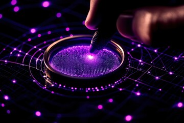 Obraz premium A hand interacts with a glowing, circular surface, surrounded by a network of purple dots, creating an ethereal, cosmic effect.