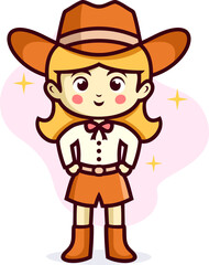 Cute Little Girl Wearing Cowboy Uniform Cartoon Illustration