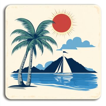 Vintage Summer Scene with Palm Trees  Sailboat  and Sun