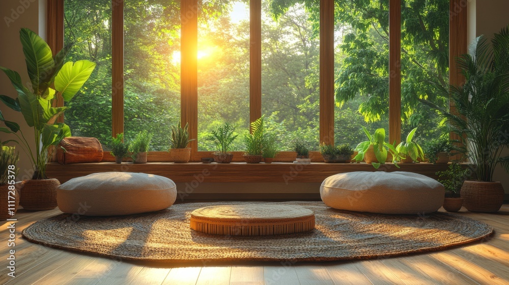 Aufkleber sunlight streams through large windows into a tranquil indoor area. cozy cushions are placed on a wo