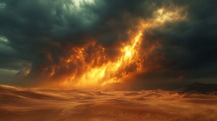 Fototapeta premium Dramatic desert storm unleashes fiery clouds over dunes landscape