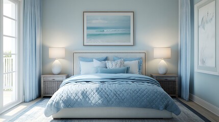 Fototapeta premium Calm coastal retreat serene bedroom interior perspective