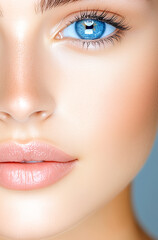 Fototapeta premium A woman with a blue eye and pink lips is the main focus of the image. The photo captures her beauty and features her facial structure, including her nose and lips